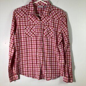 Womens Vintage Long Sleeve Western Pearl Snap Shirt M Pink Orange White
